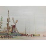 Doreen Mammatt. Small fishing vessel in harbour, watercolour, 41cm x 67cm.
