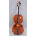 A modern cello, with polished two piece back, ebonised front, and articulated tuning knops, in