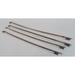 Four various violin bows, each with nickel silver mounts, etc. (AF)