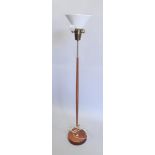 A retro style 1960's / 70's teak and brass standard lamp, with uplight shade, 174cm high.