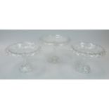 Three 19thC cut glass tazza, to include a pair, each with a petalated edge, and another part frosted