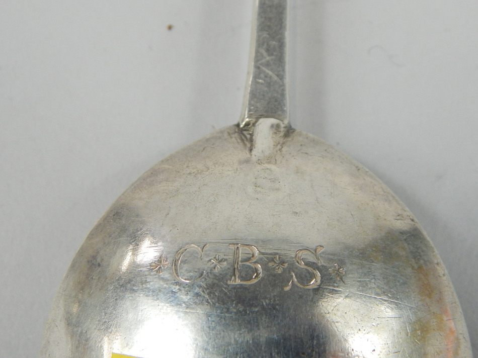 A mid 17thC silver seal top spoon, marks indistinct, initialled to the reverse of the bowl C.B.S., - Image 2 of 2