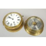 A circular brass ship's timepiece, with enamel dial, 20cm dia., and a reproduction ship's
