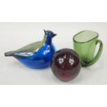 Three items of Art Glass, a bird signed O.Toikka, printed label for Ittala Finland, a green glass