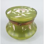 An early 20thC Loetz style frosted glass jar and cover, of inverted circular form, hand painted with