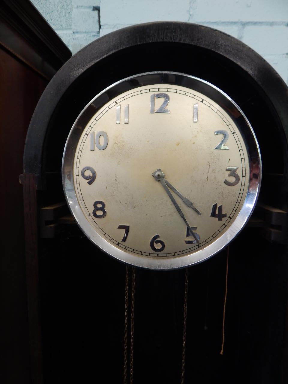 An early-mid 20thC oak longcase timepiece, the circular silvered dial above a aneroid barometer, the - Image 2 of 3