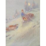 James Stinton (1870-1961). Pheasants in a winter landscape, gouache, signed lower right and