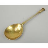 A mid 17thC silver gilt seal top spoon, the top engraved with the initials S.P., stamped to the