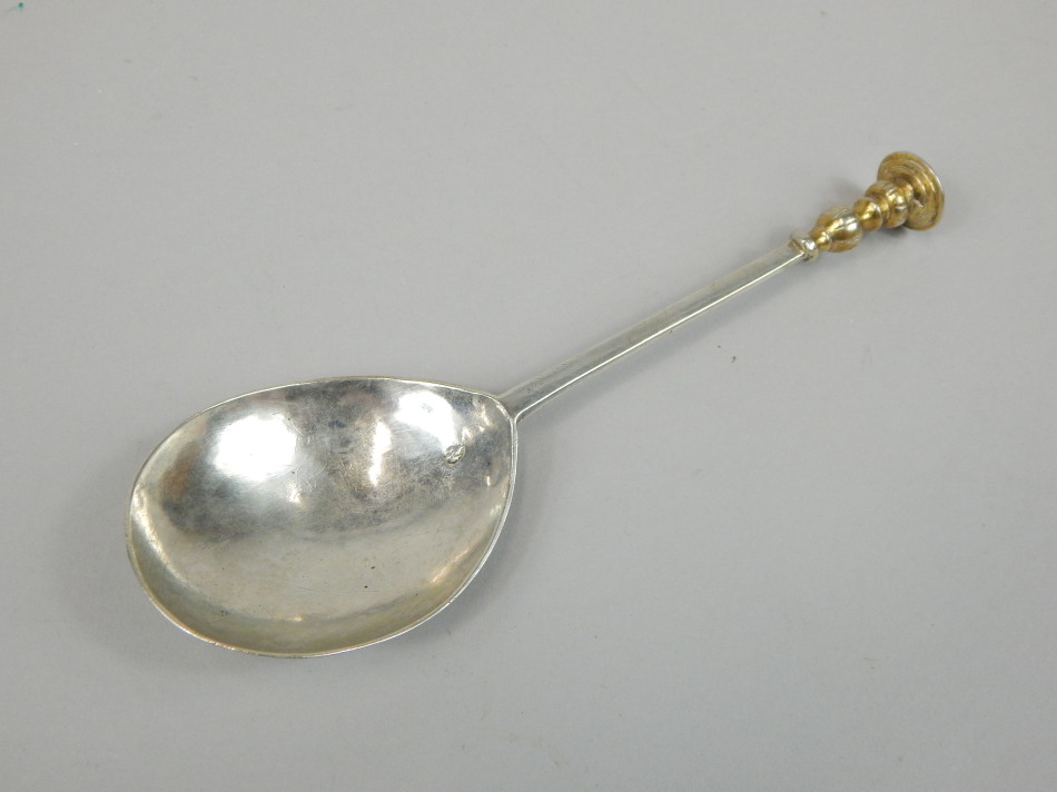 A mid 17thC silver seal top spoon, marks indistinct, initialled to the reverse of the bowl C.B.S.,