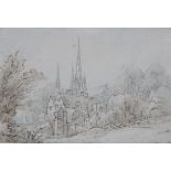 Thomas Sunderland (1744-1828). Lichfield Cathedral, ink drawing, 14cm x 21cm. Bears label verso -