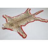 A taxidermied leopard skin rug, with full head, red velvet backing, 194cm long, 130cm wide.