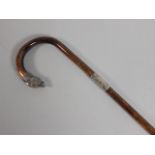 An Edwardian walking cane, with silver collar and tip of the handle cast in silver in the form of