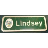 A Lincolnshire road sign for the District of Lindsey, with applied crest, v