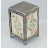 A silver playing card box, the hinged lid with a leather sprung interior, the bevelled plates
