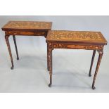 A pair of early 19thC Dutch mahogany and floral marquetry card tables, each decorated overall with