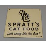 A rare Spratt's Cat Food enamel sign, in black and white bearing the slogan Puts Pussy Into Fine