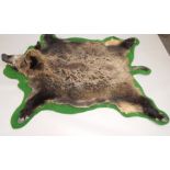 A wild boar skin rug, with taxidermied head, green fabric backing, 93cm long, 160cm wide.
