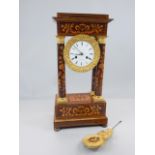 A 19thC French rosewood marquetry Portico type mantel clock, decorated overall with scrolls, flowers