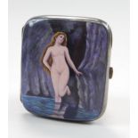 A late 19thC / early 20thC Continental white metal erotic cigarette case, the lid decorated in