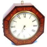 A 19thC rosewood and marquetry wall clock, the octagonal case with a floral inlay and 25cm dia.