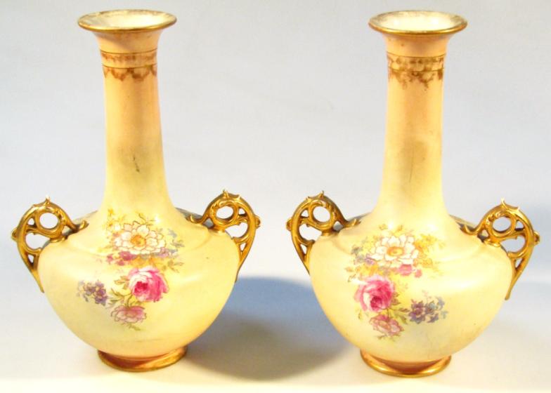 A pair of Edwardian vases, each bellied circular body transfer printed with flowers, the trumpet - Image 2 of 8