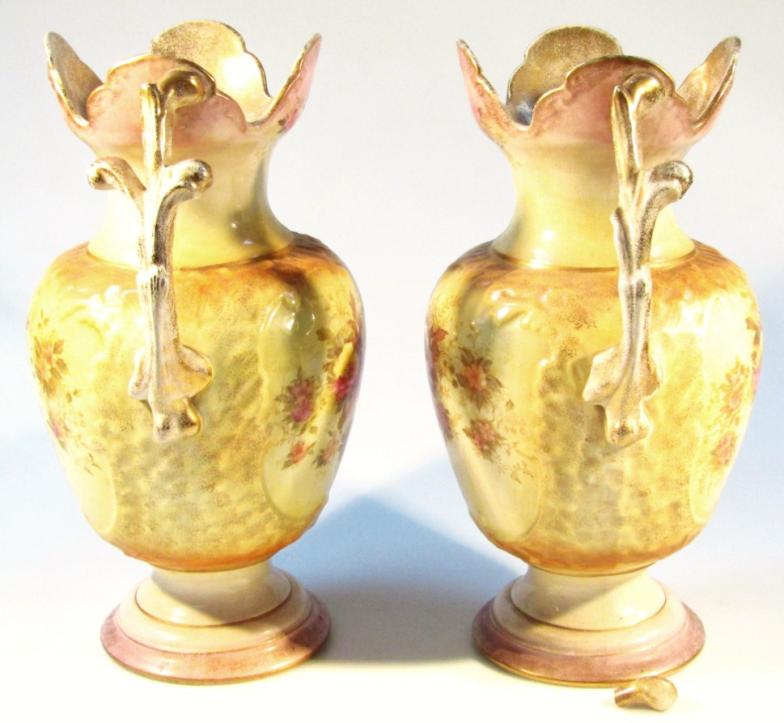 A pair of Edwardian Valkyrie Humphries Tunstall vases, each with castellated tops and shouldered - Image 2 of 7