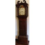 A 19thC longcase clock, the 32cm dia. arched dial with Roman numerals painted with floral spandrels,