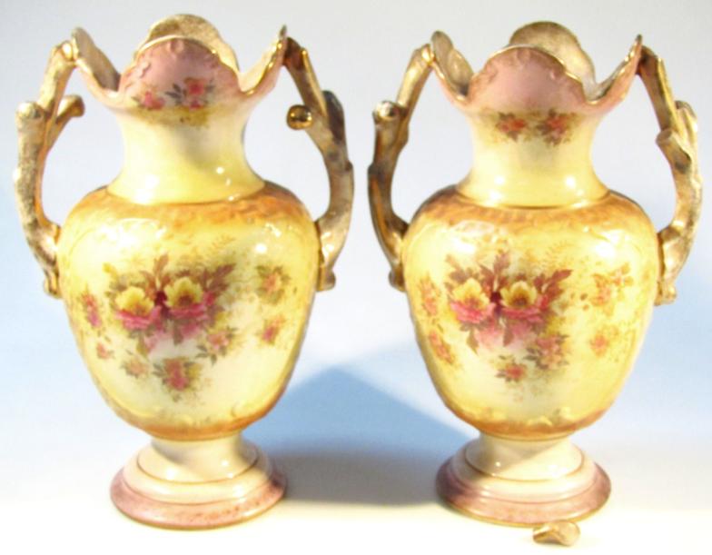 A pair of Edwardian Valkyrie Humphries Tunstall vases, each with castellated tops and shouldered - Image 3 of 7