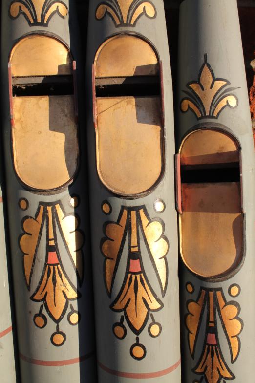 A set of fifteen ecclesiastical church organ pipes, each of cylindrical outline, hand painted with - Image 2 of 2