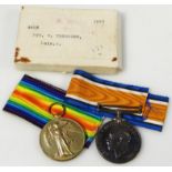 A WWI Campaign and Victory medal, marked 4635 PTE . W. Thornton Leic. R. with ribbons, in box. (2)