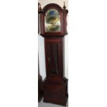 A modern mahogany finished long case clock, the arched 26cm dial with Roman and Arabic numerals