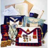 Various mid-20thC Masonic Regalia, apron, sashes, medals, medallions, etc, and a quantity of