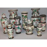 Nine various Cantonese pottery vases, with upper and lower sgraffito decoration, typically decorated