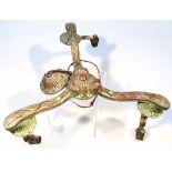 An early 20thC Art Nouveau copper ceiling light, of three branch form set with flowers and centred