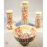 A Crown Ducal ware Trellis pattern part dressing table suite, comprising vase, 28cm high, another,