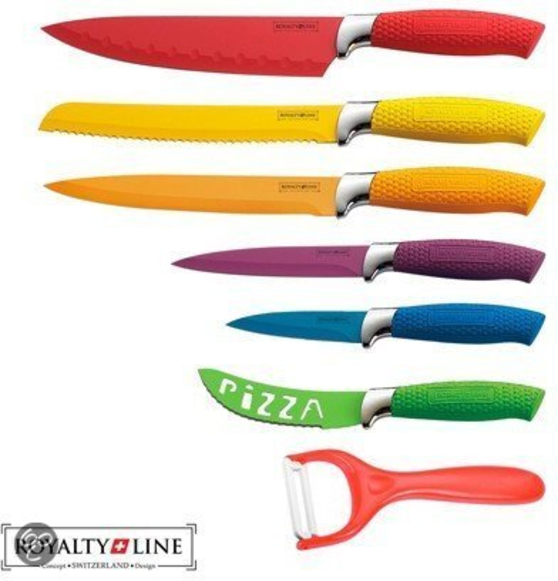 V Brand New Royalty coloured seven piece kitchen knife set RRP 149 euros in display box includes