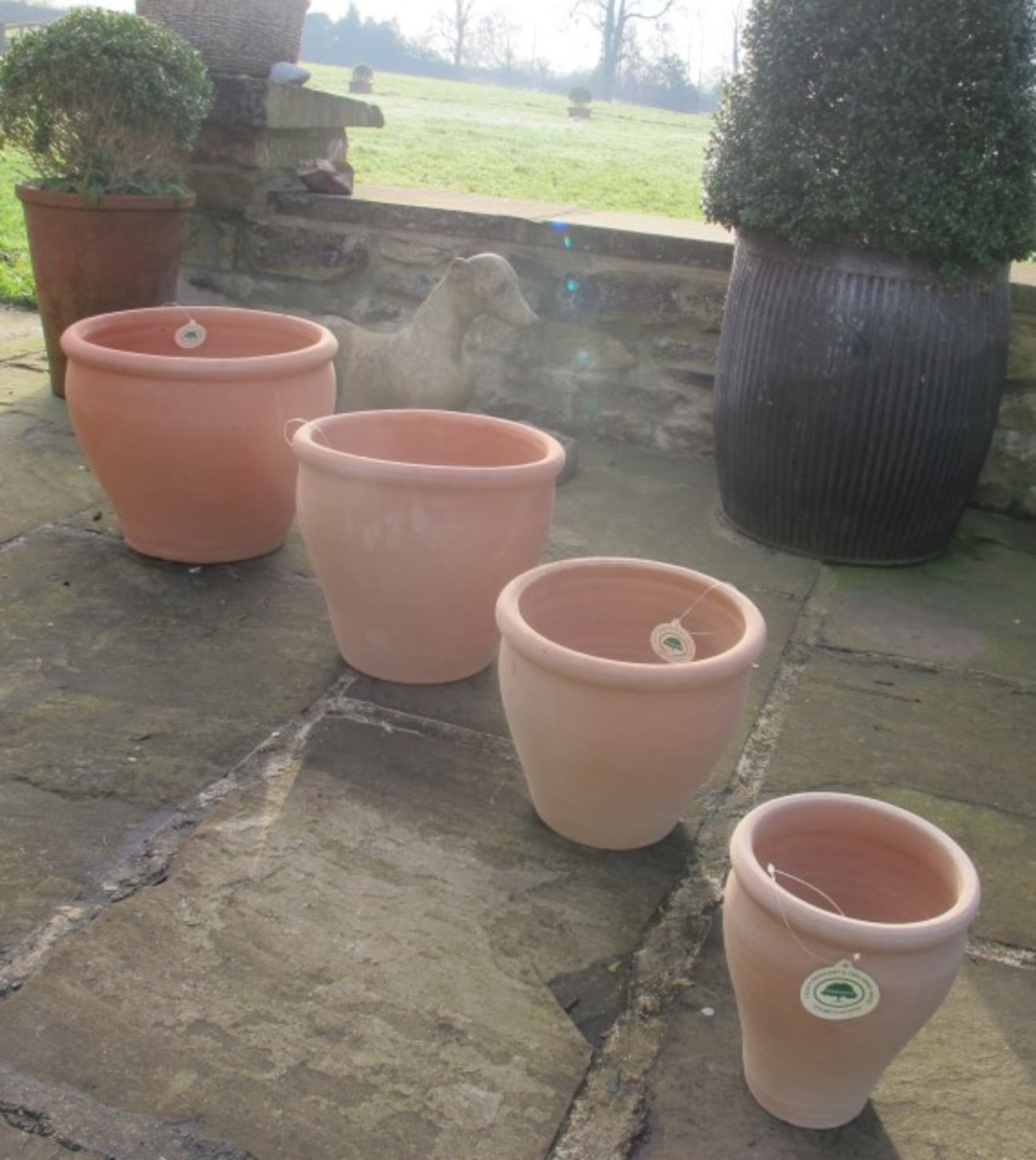 V Brand New Set Of 4 Handmade Terracotta Garden Pots (Frost Resistant) Up To 38cm Diameter And 36 cm