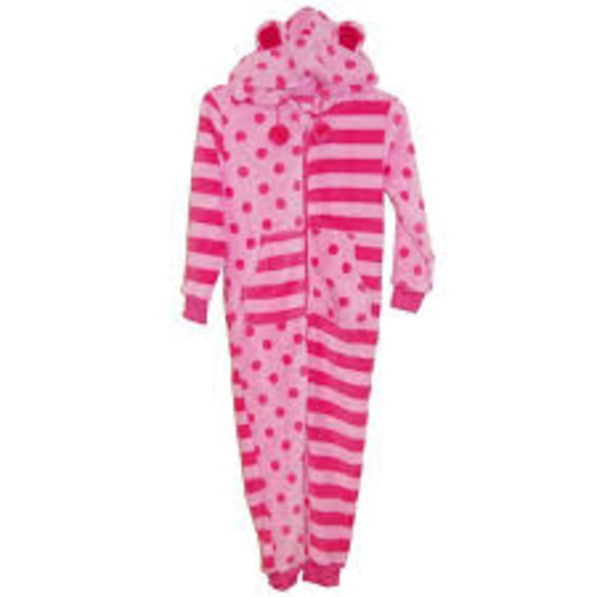 V Grade A OneZee   Ladies Fleece  Hooded Onesie  (Image Similar ) Two Tone Pink Stripe/Dots Size L/