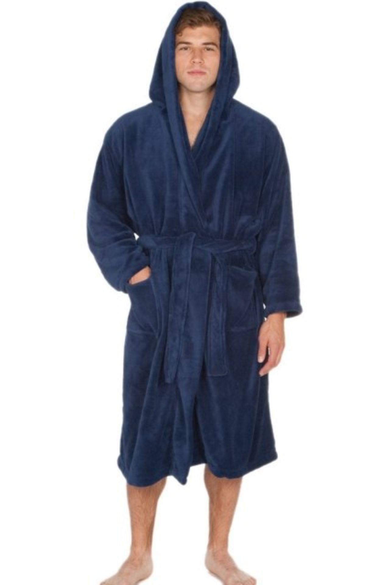 V Grade A Bassi Home  Mens Navy Hooded Toweling Dressing Gown Size S/M Navy Size S/M