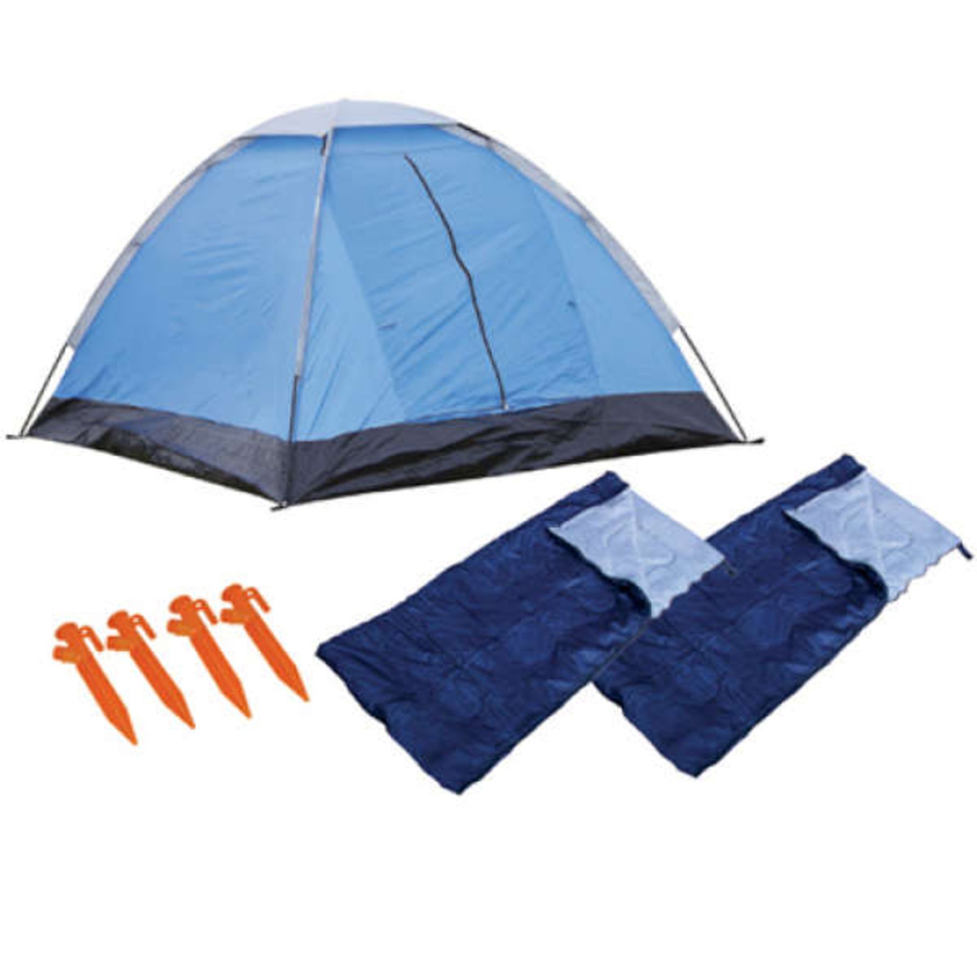 V Brand New Festival Camping Kit Containing 2 Person Tent, 2 Sleeping Bags And 4 LEDs