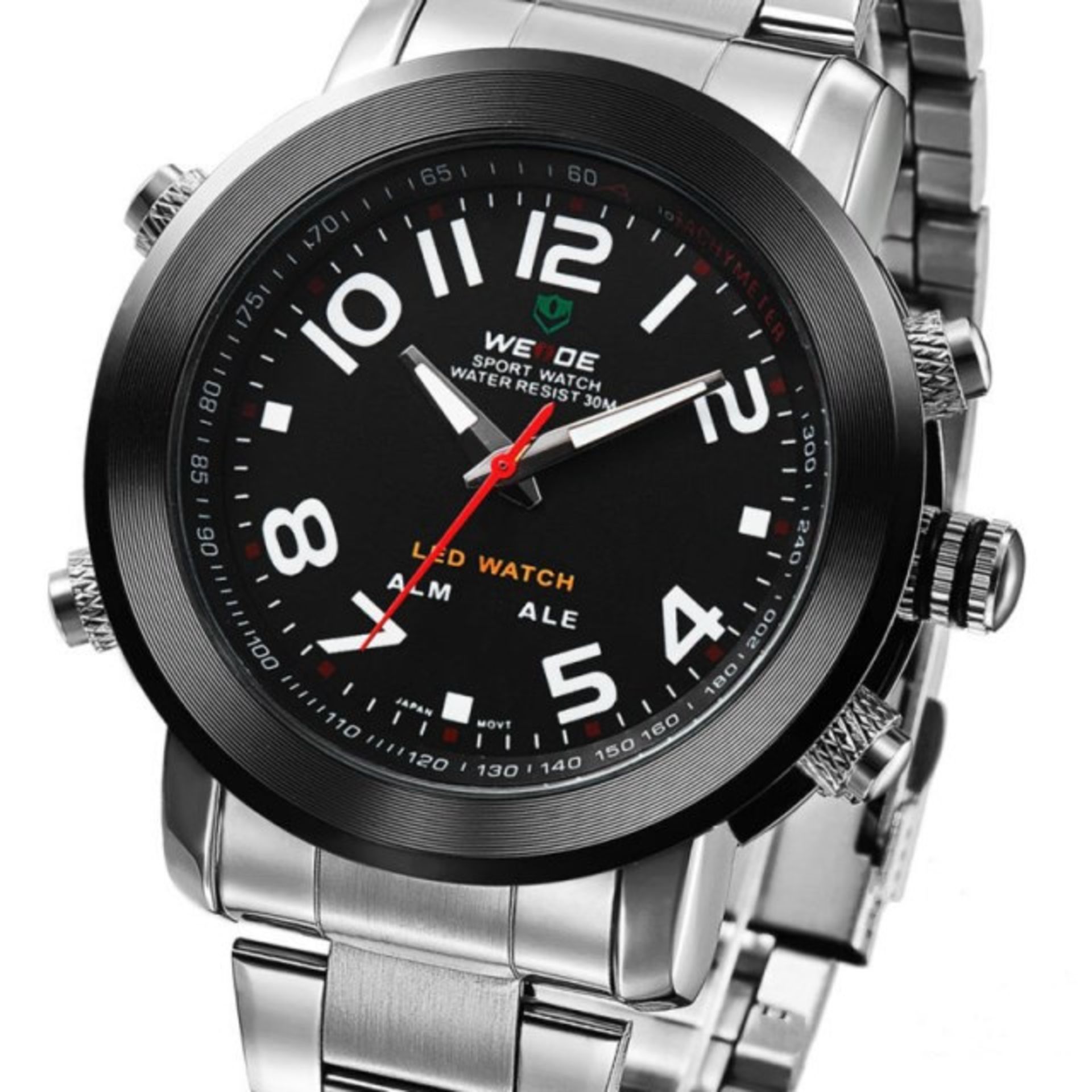 Brand New Weide LED Multifunction Watch With Black Face And SS Strap