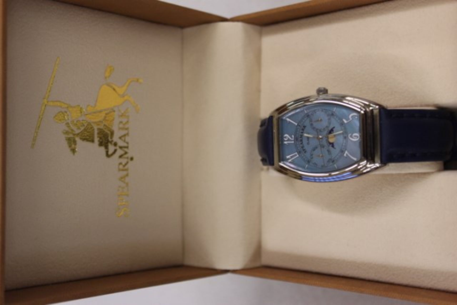 Grade A Gents Spearmark Blue Mother Of Pearl Face Three Dial Leather Strap Watch In Box