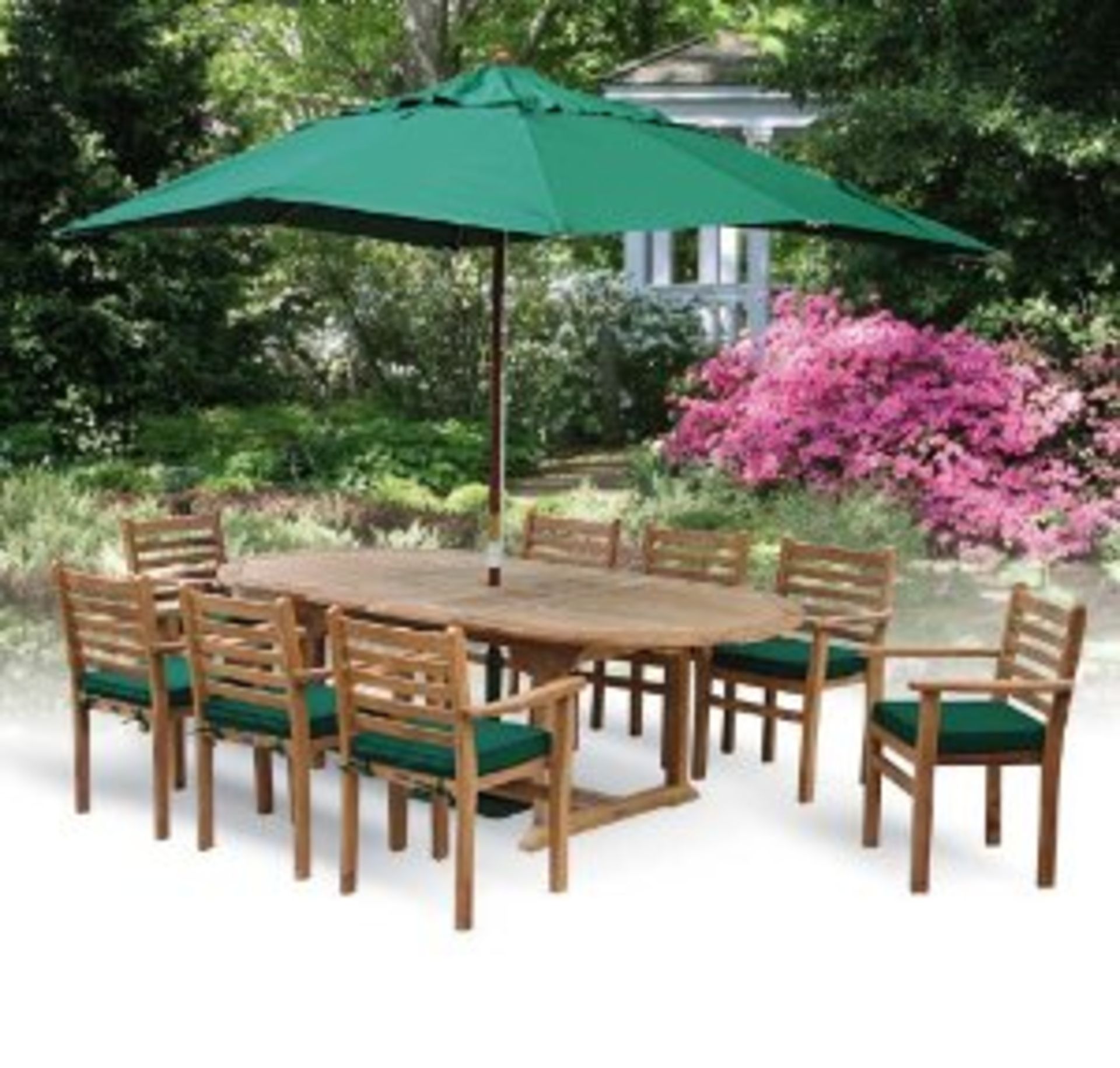 V Brand New Teak Extended Oval Table Set Allows For Up To 8 People including 8 stacking chairs and 8