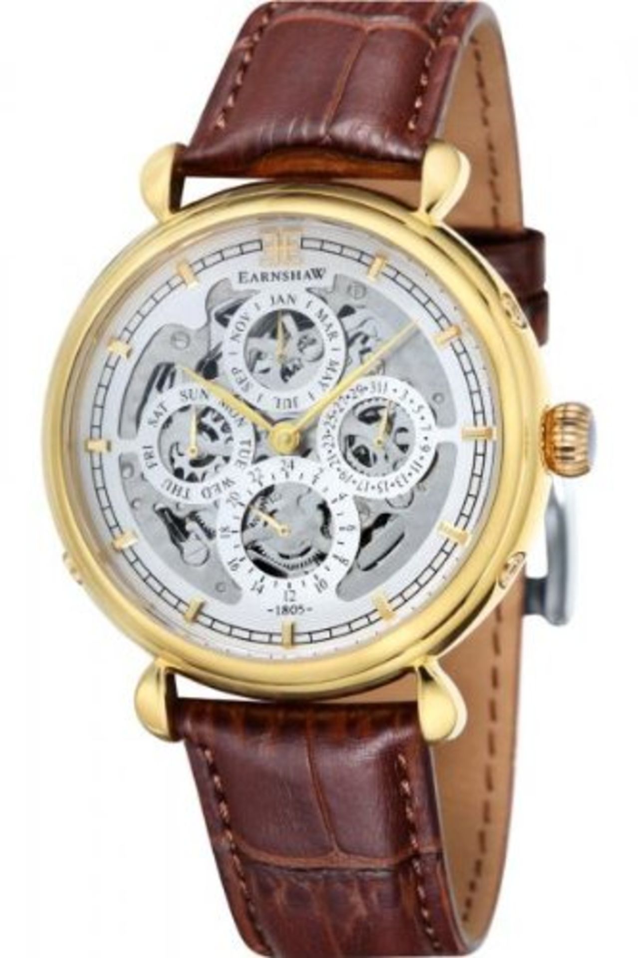 V Brand New Thomas Earnshaw Grand Calender Gents Skeleton Watch With Brown Leather Strap Box ,