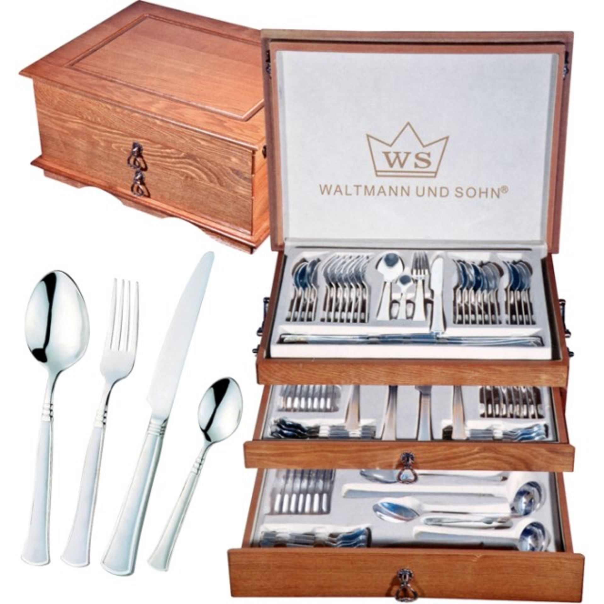 V Brand New Waltmann & Sons 87 Piece Polished Stainless Steel & Satin Finish Cutlery Set In Wooden
