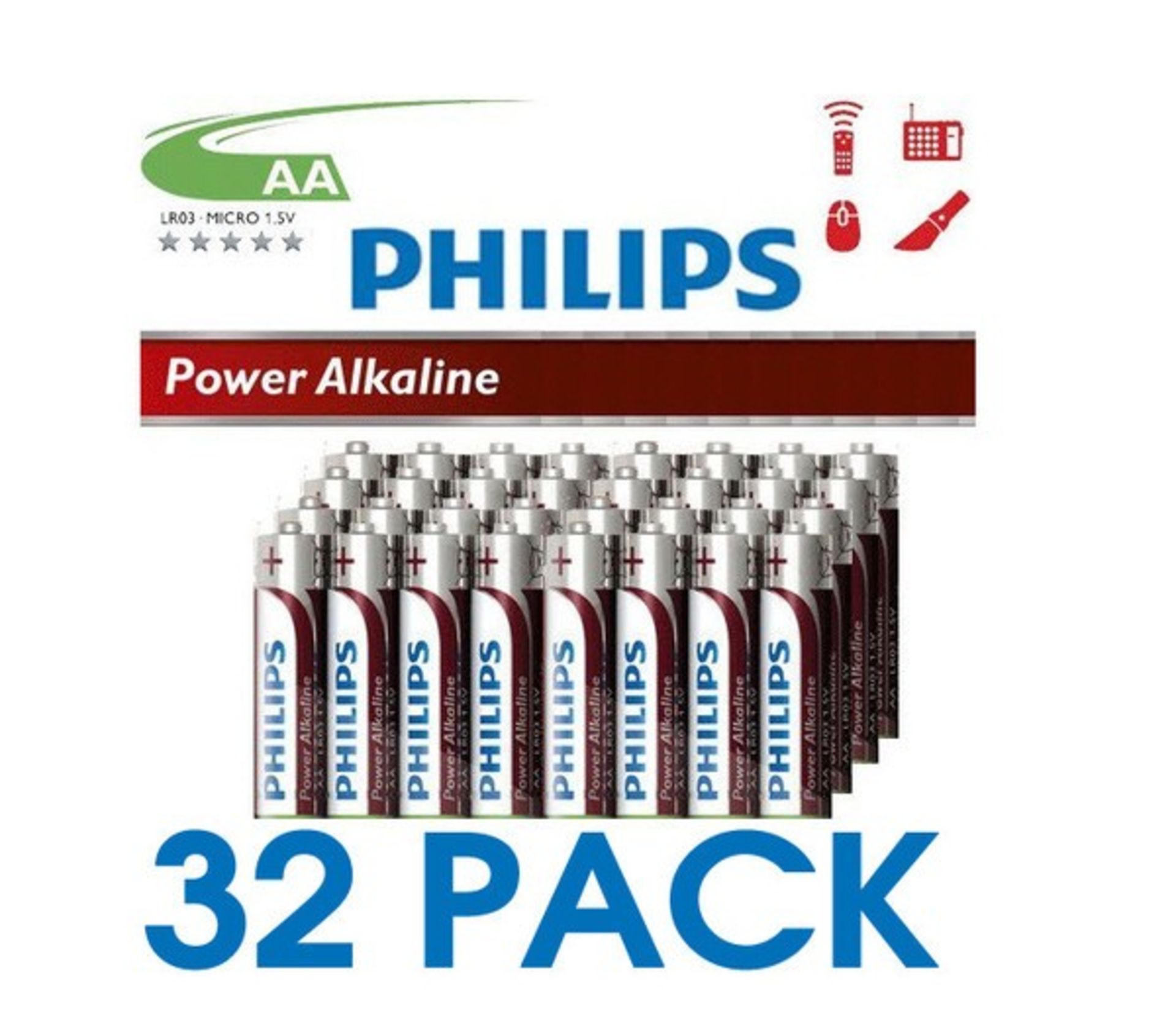 V Brand New Pack of 32 (4 Packs Of 8) Genuine Philips Power Alkaline AA Batteries Best Before 08/