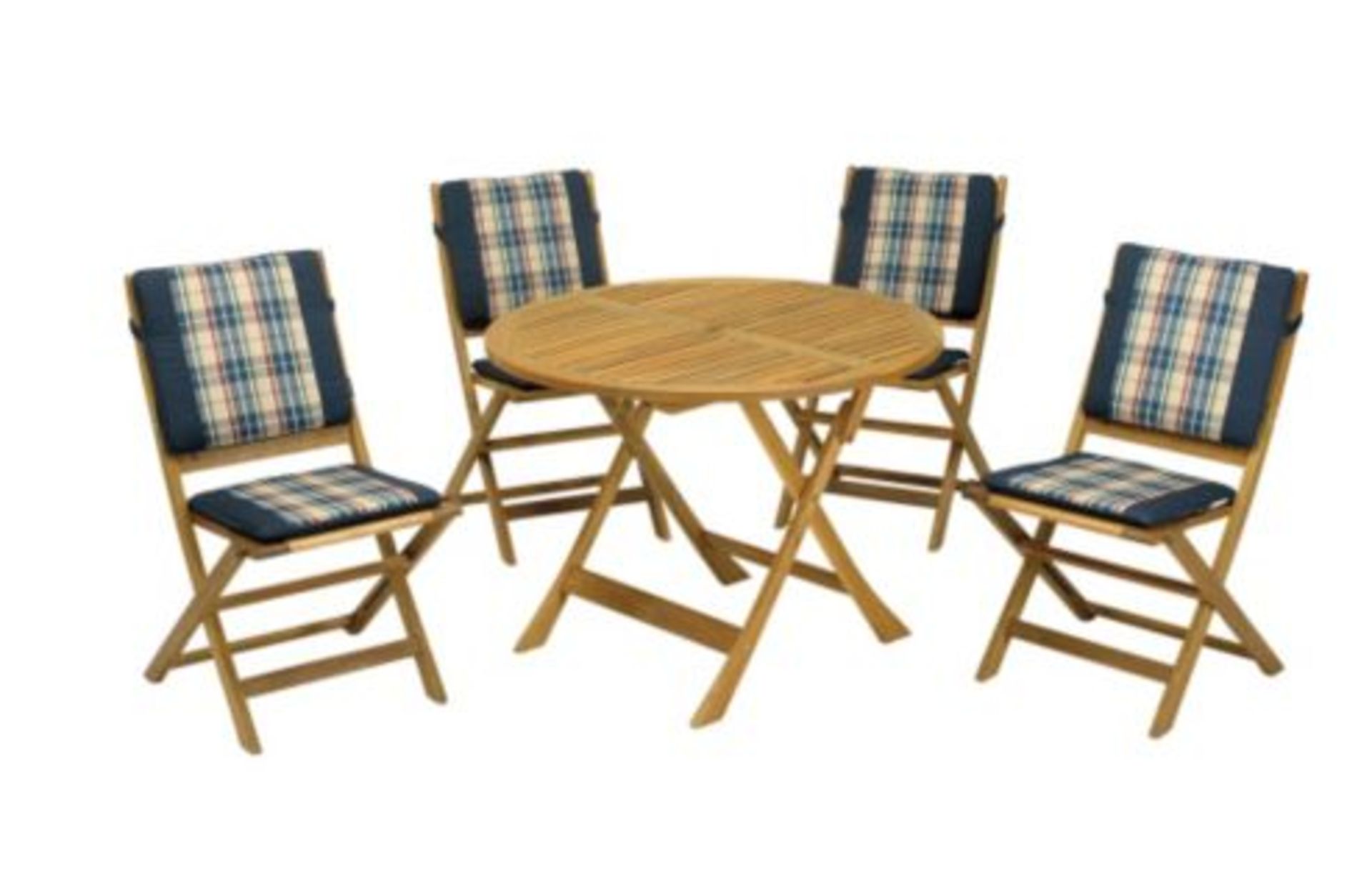 V Brand New Manhatten Double Folding Table With Four Chairs - 2m Parasol And Cushions (Set