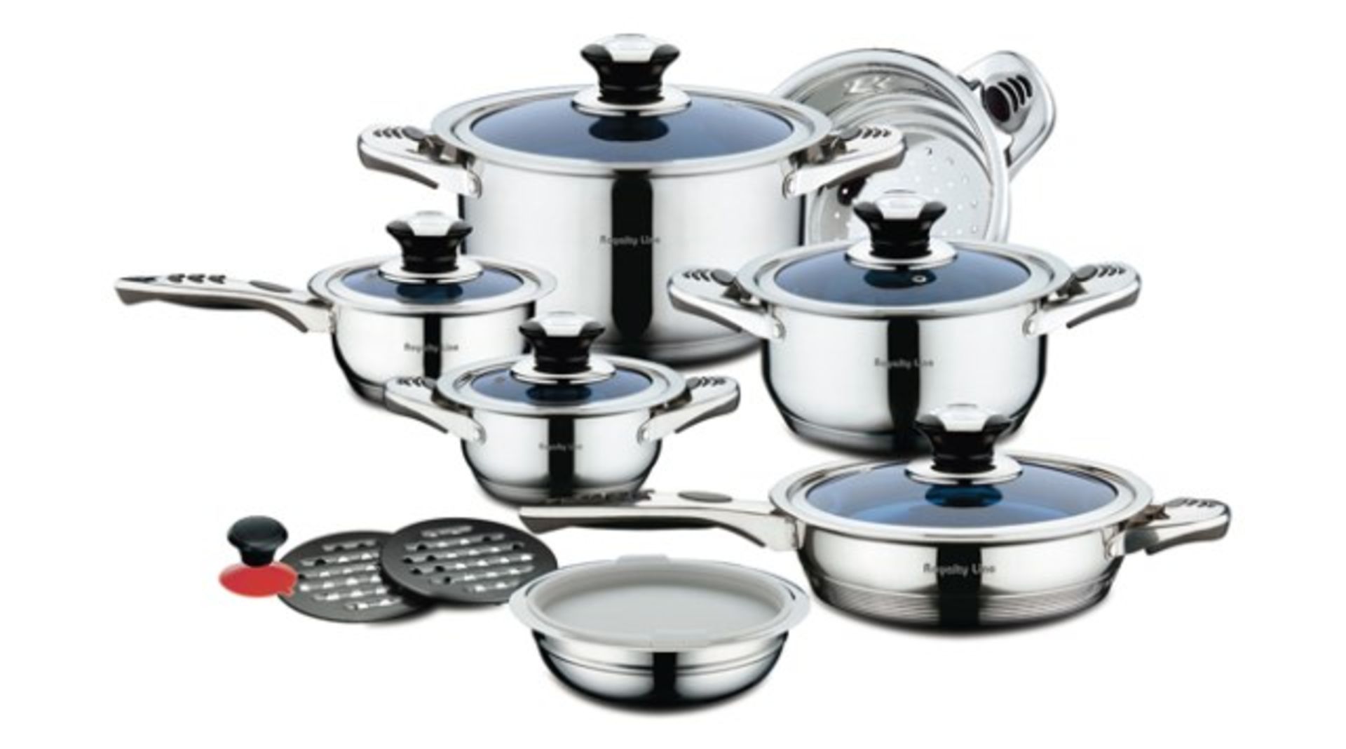 V Brand New RRP430 Euros Royalty Line 16 pce Stainless Steel Cookware Set Suitable For All Types