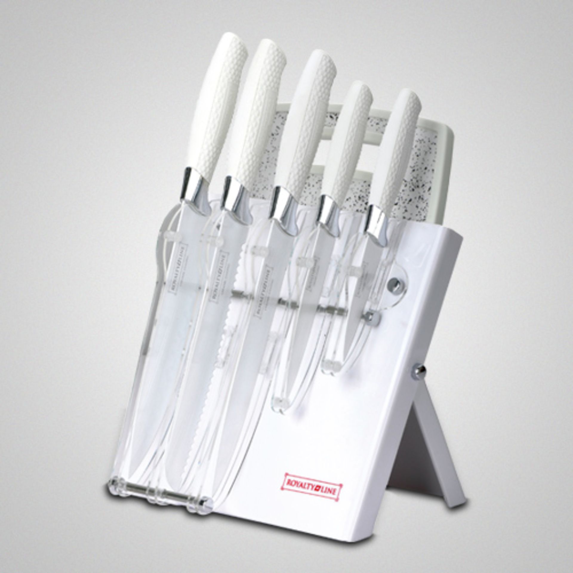 V Brand New 7 Piece White Knife Set With Acrylic Stand And Cutting Board RRP149 Euros X 2 Bid