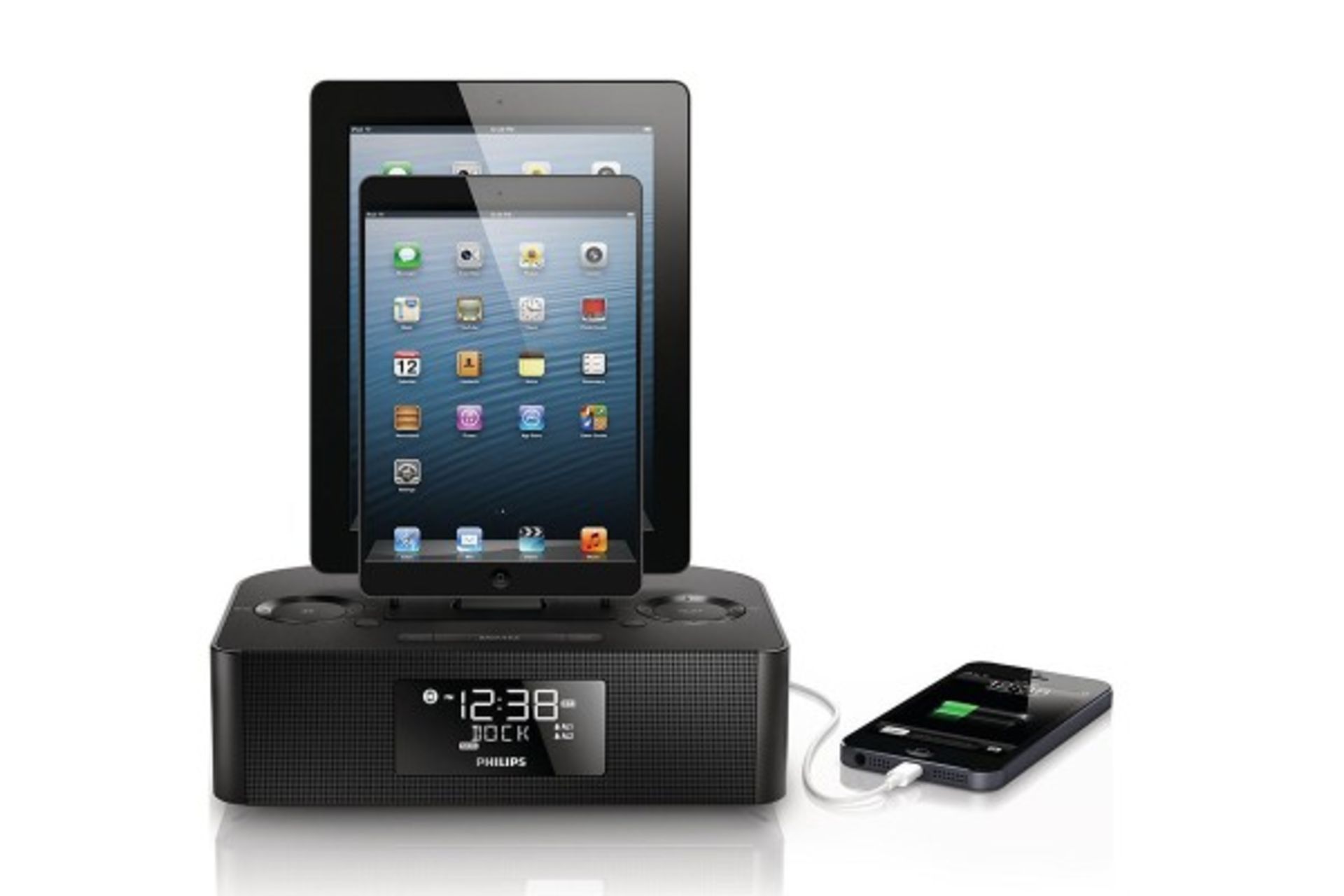 V Brand New Philips Dual Dock Triple Charging Clock Radio For Apple iPod iPhone And iPad Includes